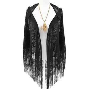 Edgy Black Lace Fringe Shawl Paisley Sheer Triangle Wrap Boho Whimsigoth Grunge